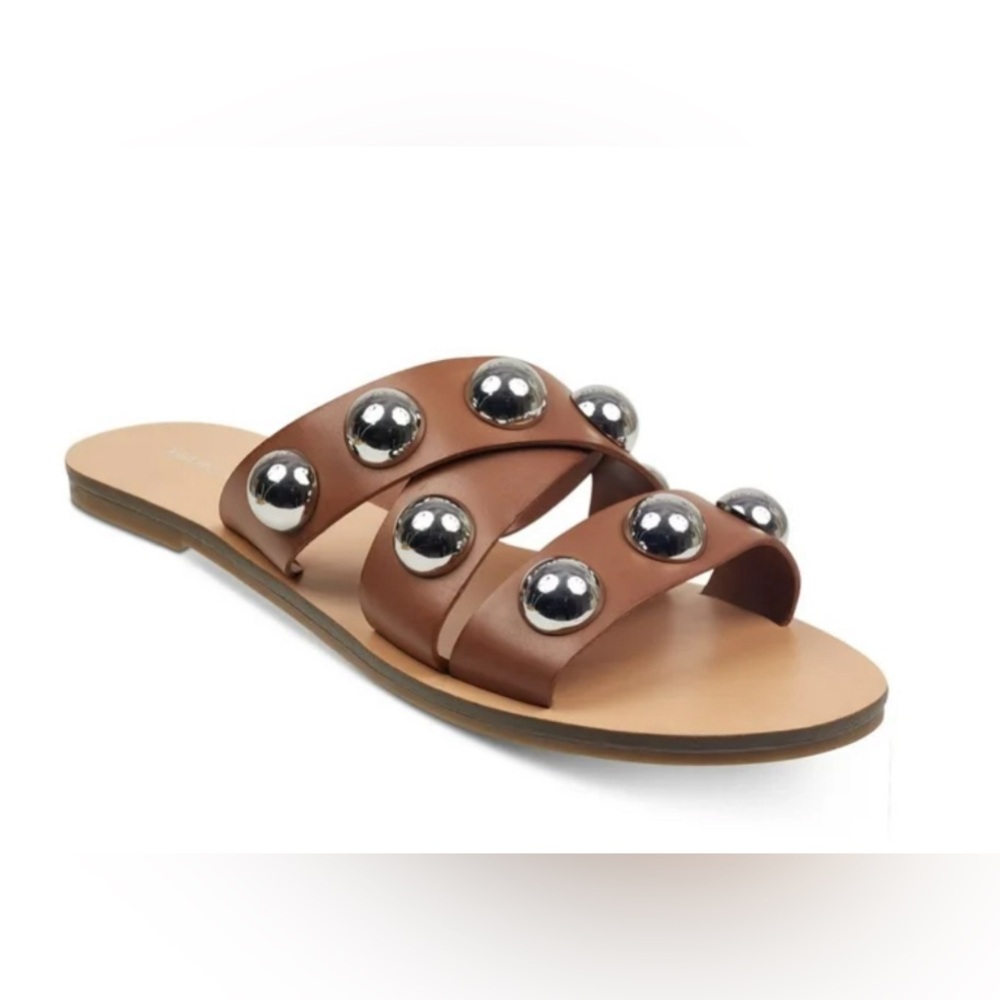 MARC FISHER Bryte Brown Straps with Silver  Oversized Studs Slip On Sandal 8 1/2